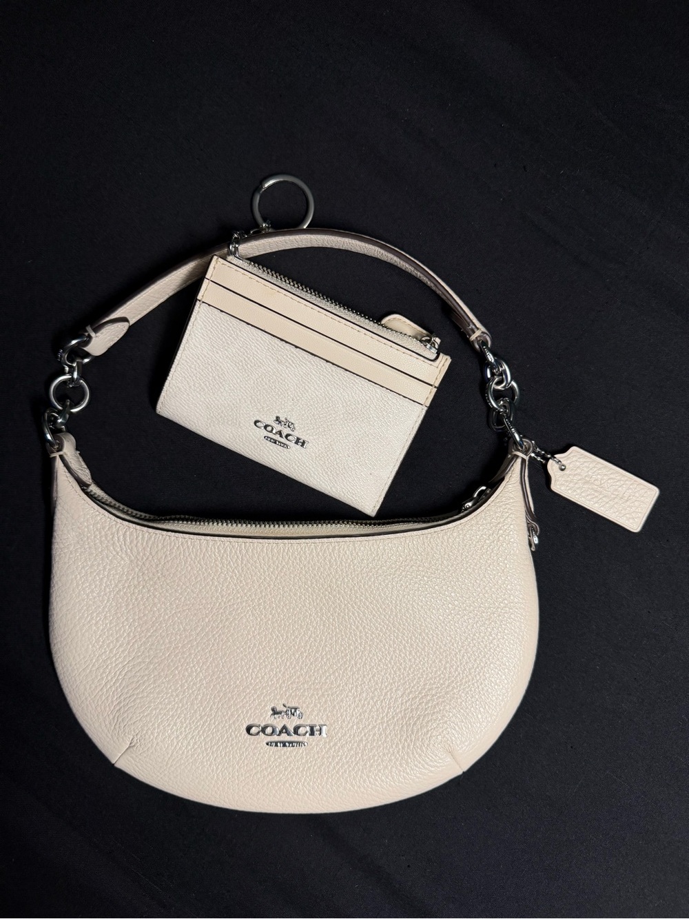 Coach Cream Pebble Leather Crescent Shoulder Bag with Card Case Set